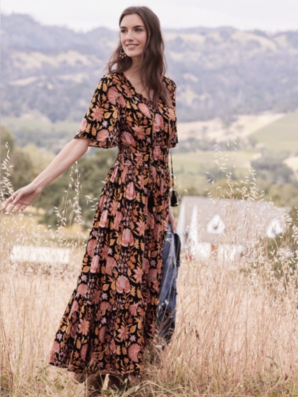 Soft Surroundings Black Maxi Dress Floral Print V-neck Tie Tassel Cottagecore